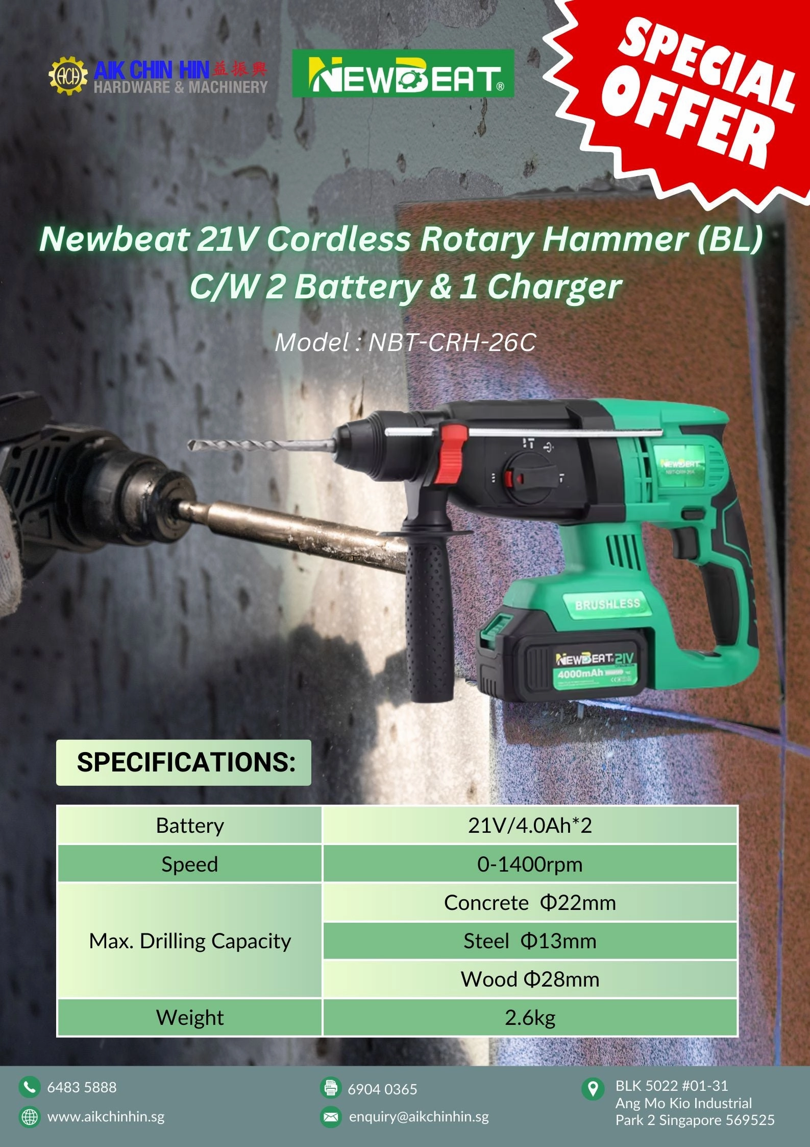 NEWBEAT 21V Cordless Rotary Hammer (BL)  C/W 2 Battery & 1 Charger | Model : NBT-CRH-26C