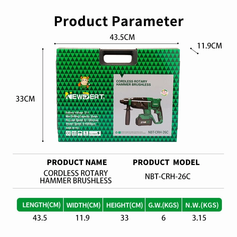 NEWBEAT 21V Cordless Rotary Hammer (BL)  C/W 2 Battery & 1 Charger | Model : NBT-CRH-26C
