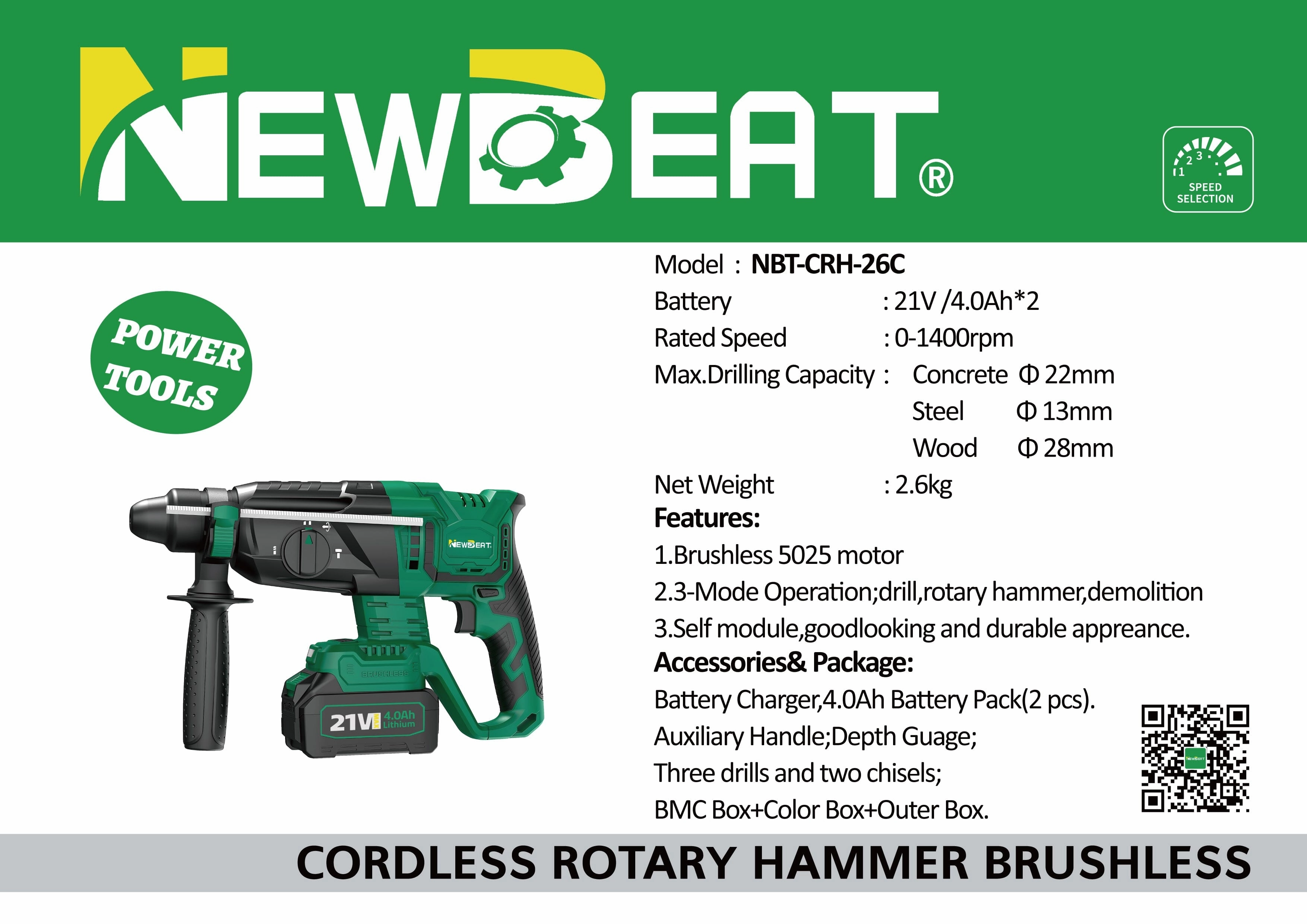 NEWBEAT 21V Cordless Rotary Hammer (BL)  C/W 2 Battery & 1 Charger | Model : NBT-CRH-26C